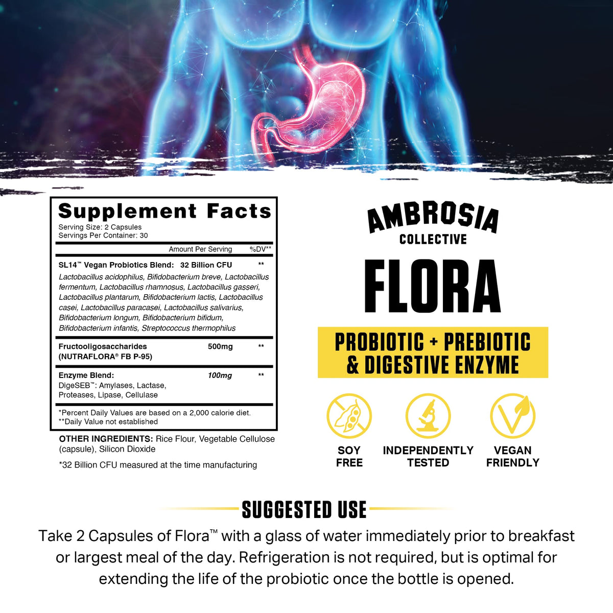 Ambrosia Flora Digestive Enzymes with Probiotics & Prebiotics | 32 Billion CFU Gut Health Supplement | Plant Based, Vegan Probiotic | 60 Veggie Capsules (30 Servings) - FENGGESTORE20