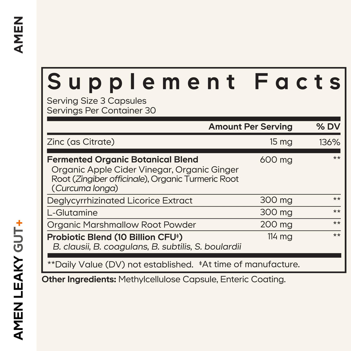 Amen Leaky Gut Supplement - Advanced Formula with Bioavailable L Glutamine, Zinc, Turmeric, DGL Licorice Root - Marshmallow Root - Probiotics & Fermented Prebiotics - FENGGESTORE20