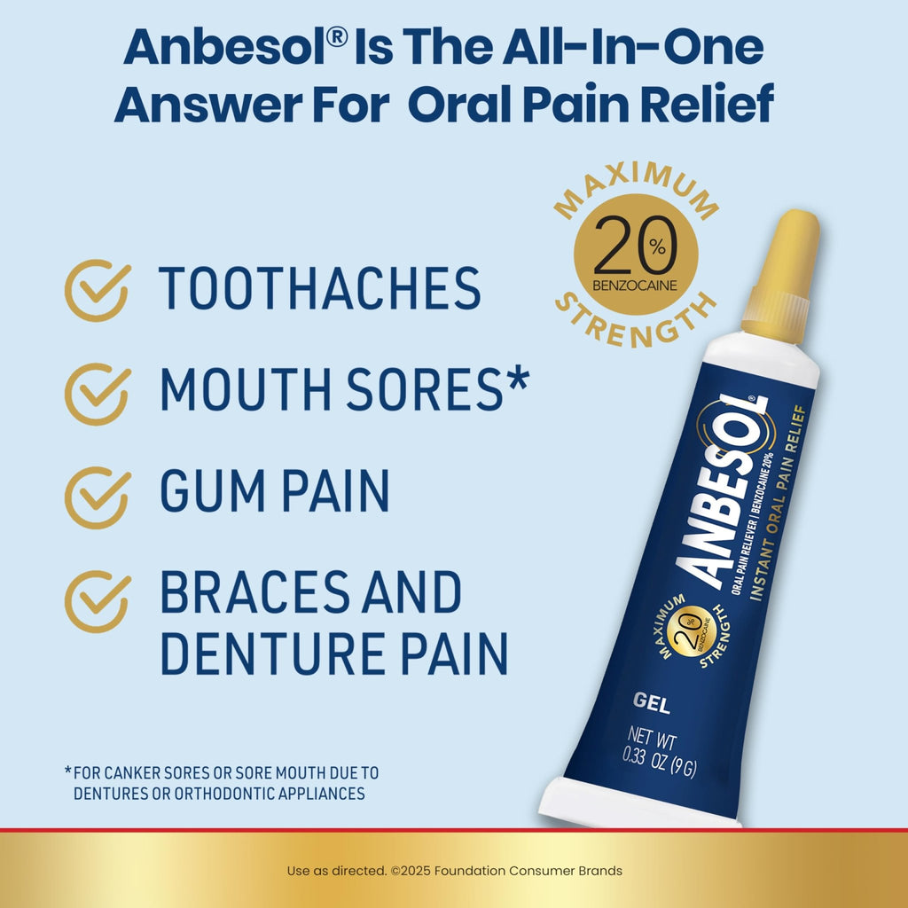 Anbesol Maximum Strength Gel - Instant Oral Pain Relief, for Toothaches, Gums, Braces, & Denture Pain, and Mouth Sores*, Canker Sore Treatment Inside Mouth, ADA Accepted, 0.33 oz - FENGGESTORE20