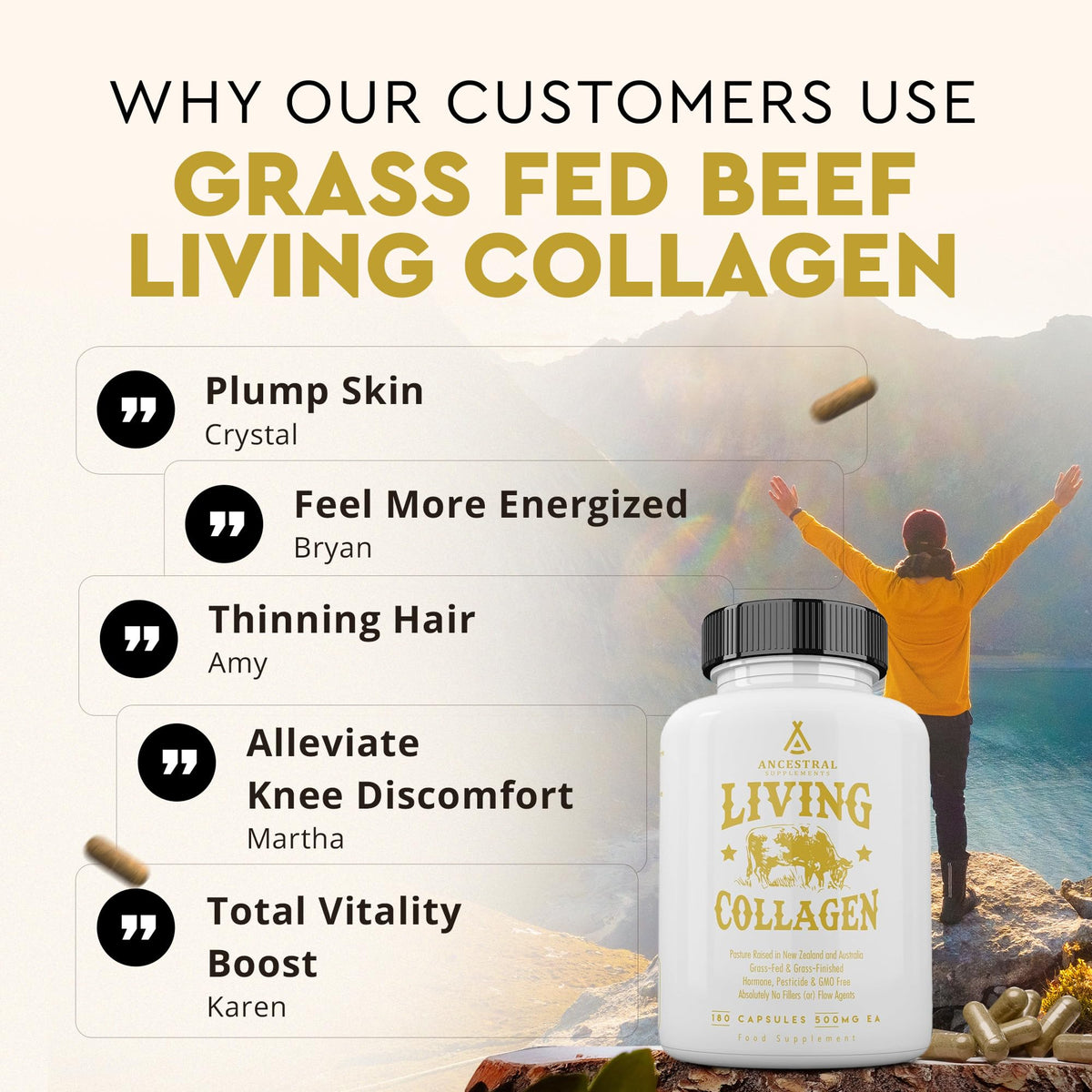 Ancestral Supplements Grass Fed Beef Living Collagen Nutritional Powder Supplement, 3000mg, Promotes Healthier, Younger Looking Skin, Hair - FENGGESTORE20