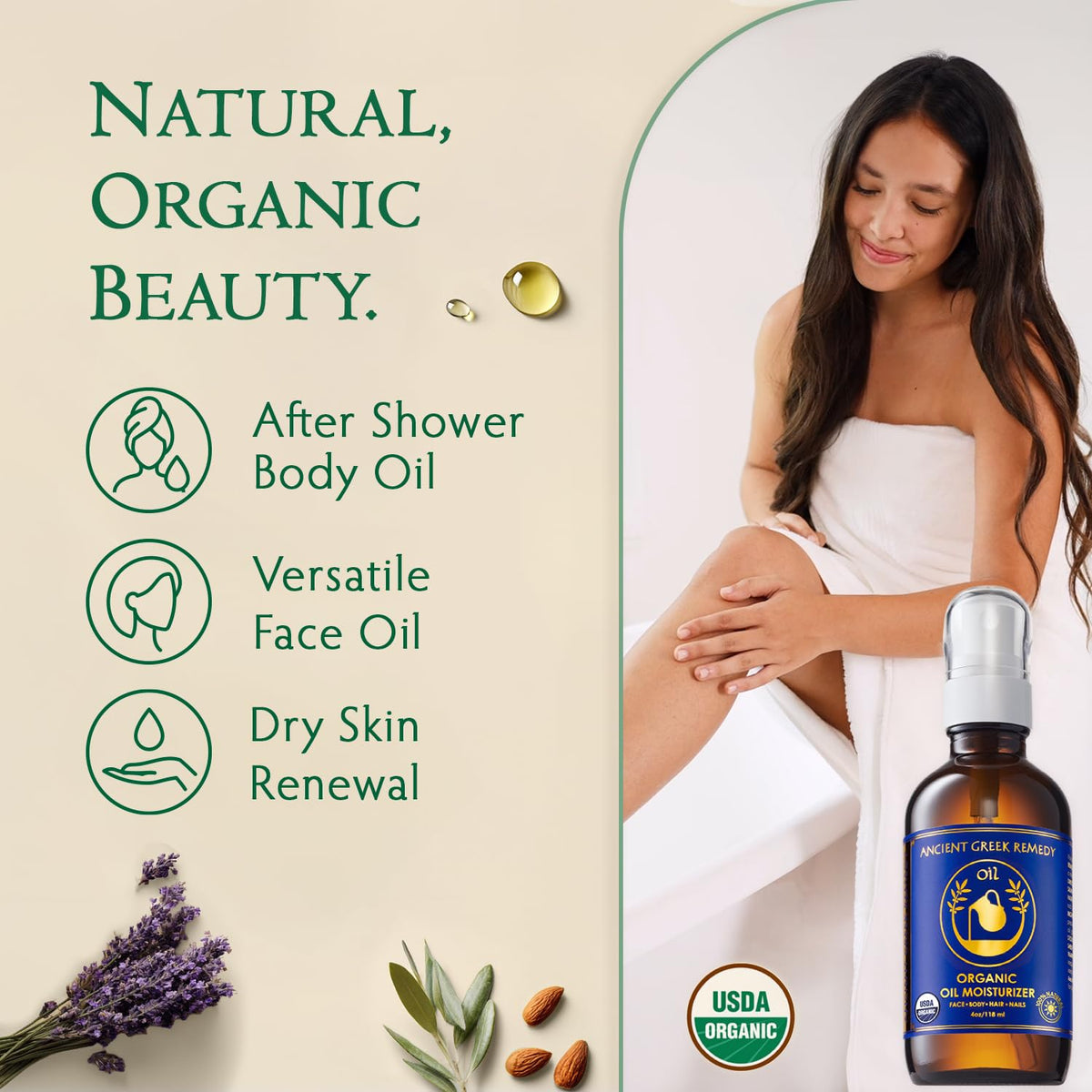 Ancient Greek Remedy Body Oil - Organic After Shower Face Oil & Body Moisturizer for Dry Skin - Almond, Jojoba, Olive, Lavender - FENGGESTORE20