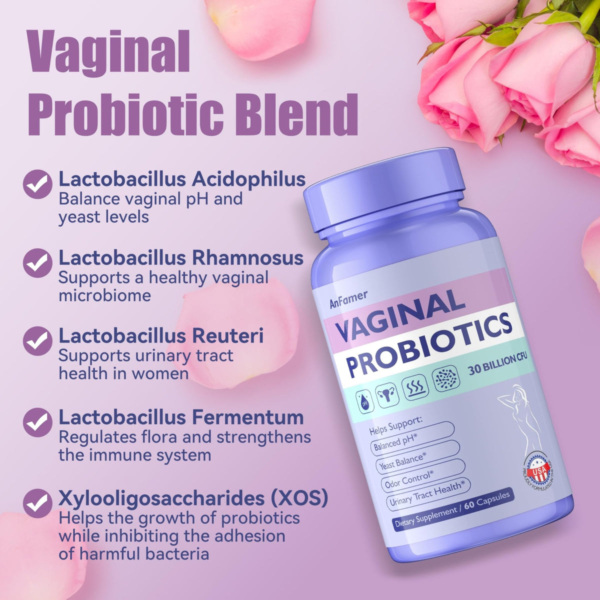 AnFamer Vaginal Probiotics for Women Female,Promotes Ph Balance,Healthy Vaginal Odor & Flora,Urinary Tract Health with Prebiotics & Lactobacillus Probiotic - FENGGESTORE20