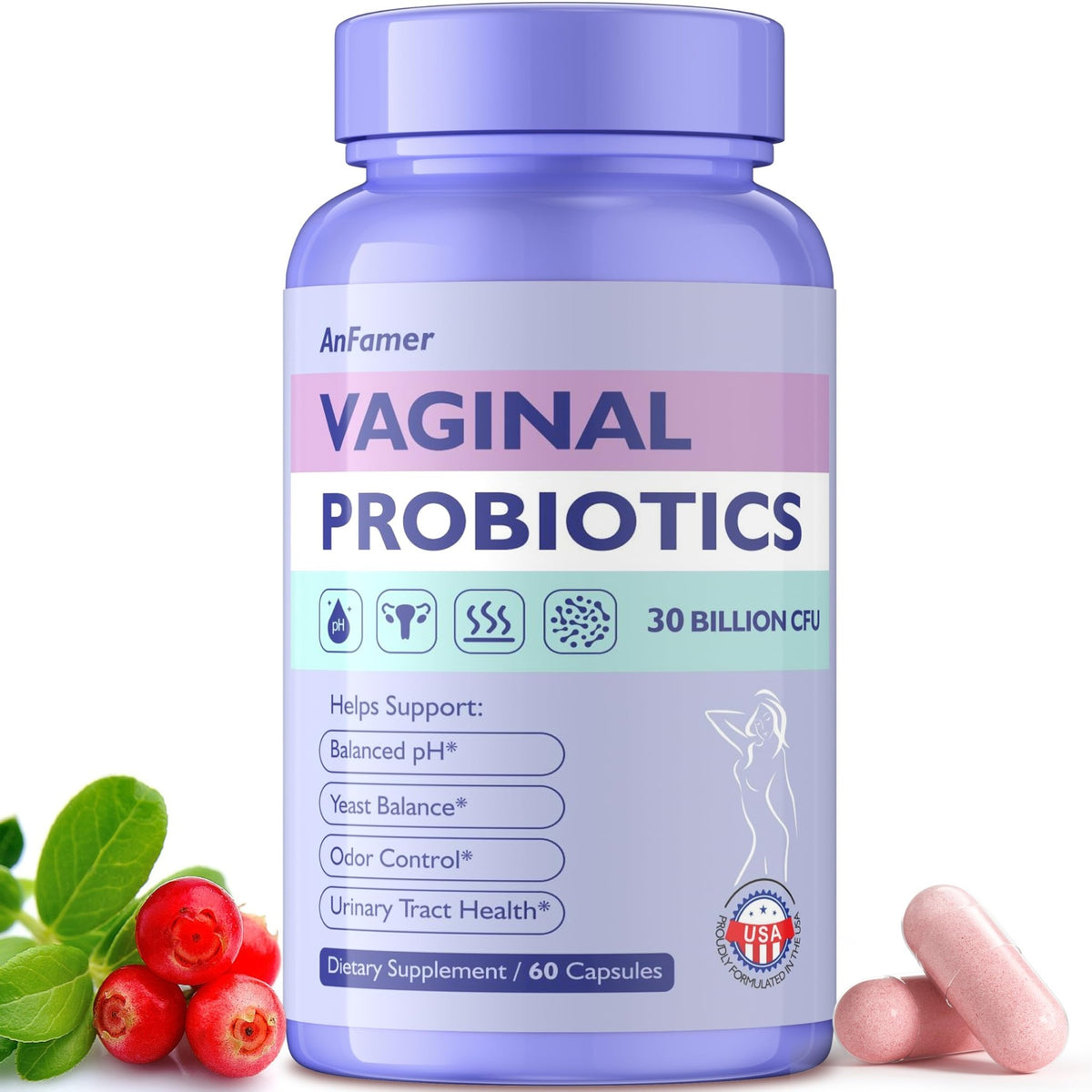 AnFamer Vaginal Probiotics for Women Female,Promotes Ph Balance,Healthy Vaginal Odor & Flora,Urinary Tract Health with Prebiotics & Lactobacillus Probiotic - FENGGESTORE20