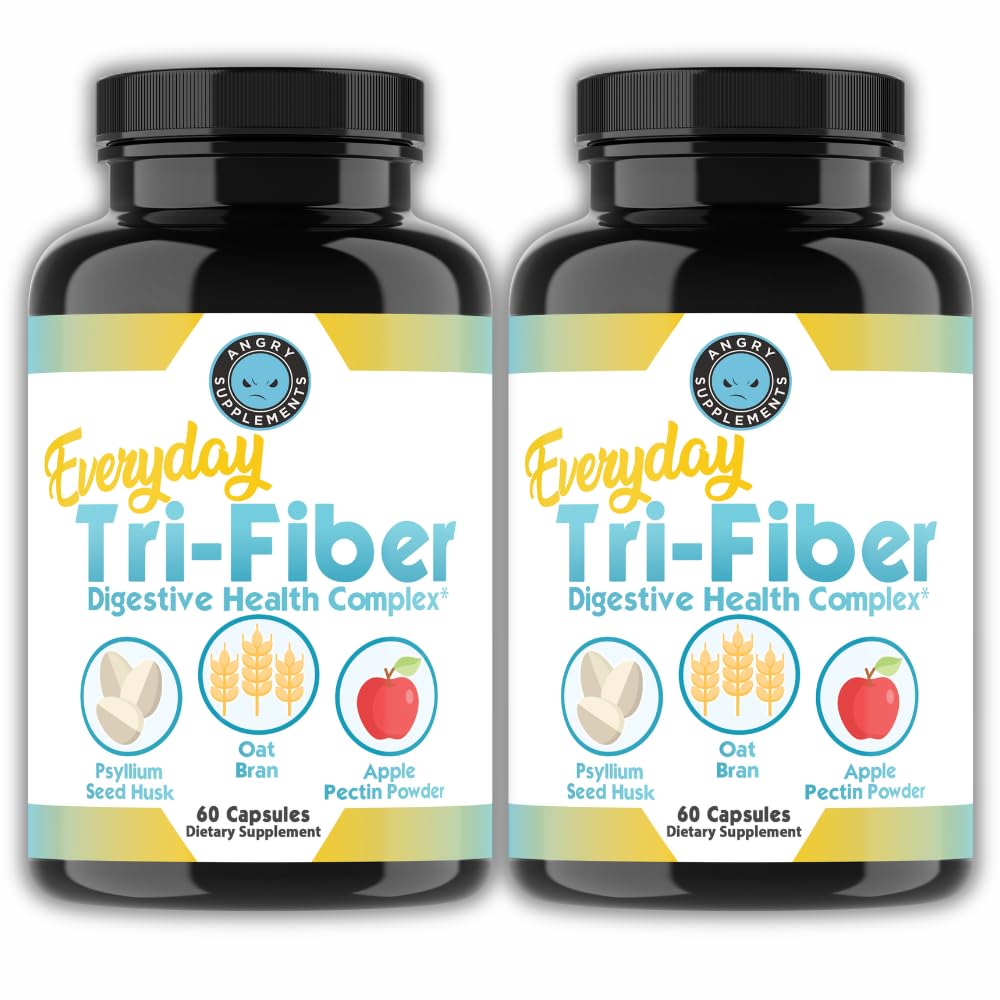 Angry Supplements Tri-Fiber Digestive Health Complex – Psyllium Husk, Oat Bran & Apple Pectin – Prebiotic Fiber for Gut Health & Regularity – 60 Capsules (2-Bottles) - FENGGESTORE20