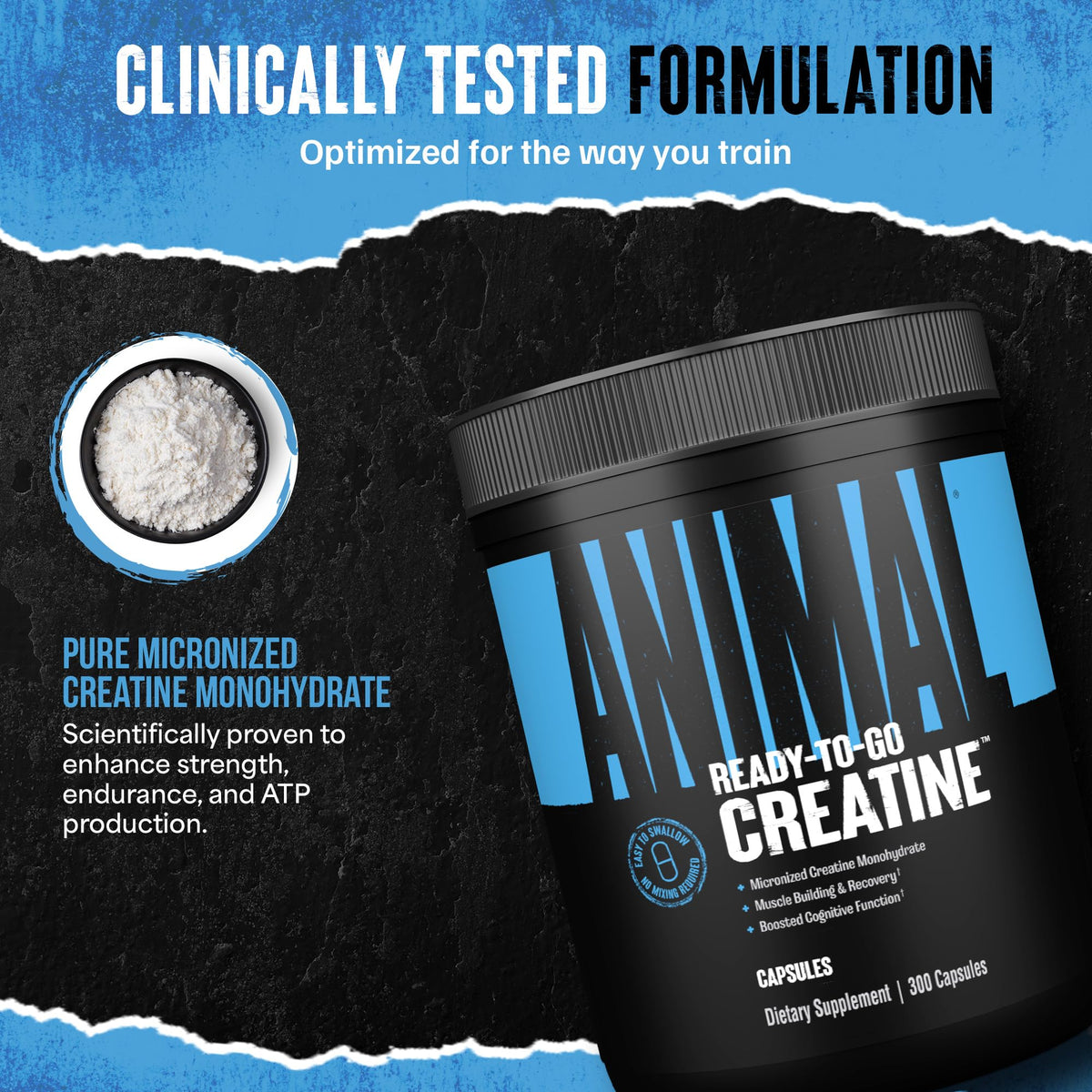 Animal Micronized Creatine Monohydrate Capsules - 300 Caps, 2500mg per Serving to Support Muscle Growth, Endurance, ATP Production, Cognitive Function, Strength - FENGGESTORE20