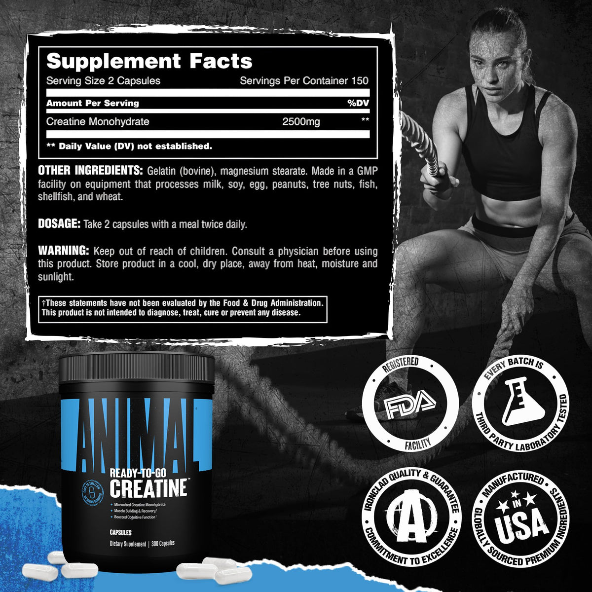 Animal Micronized Creatine Monohydrate Capsules - 300 Caps, 2500mg per Serving to Support Muscle Growth, Endurance, ATP Production, Cognitive Function, Strength - FENGGESTORE20