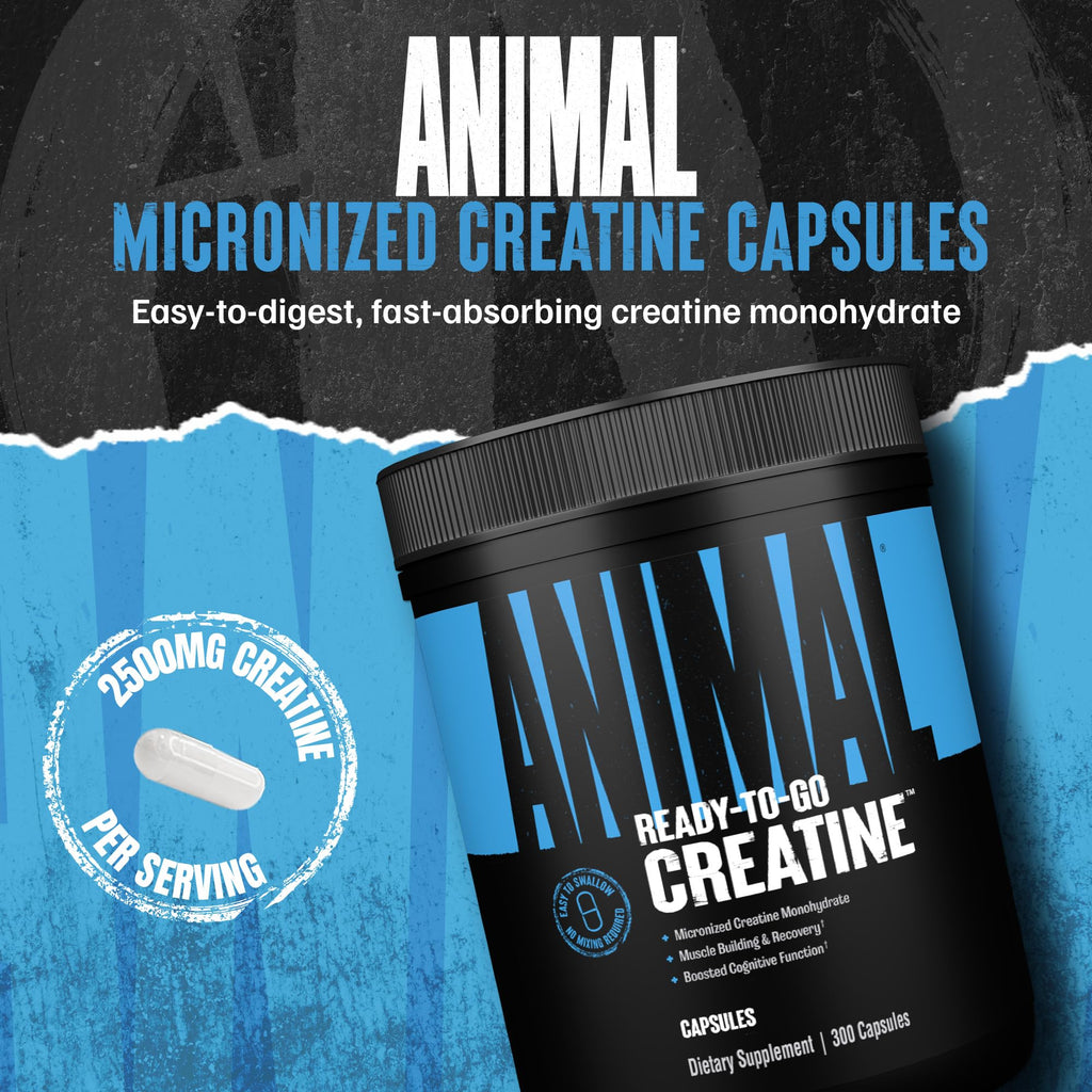 Animal Micronized Creatine Monohydrate Capsules - 300 Caps, 2500mg per Serving to Support Muscle Growth, Endurance, ATP Production, Cognitive Function, Strength - FENGGESTORE20
