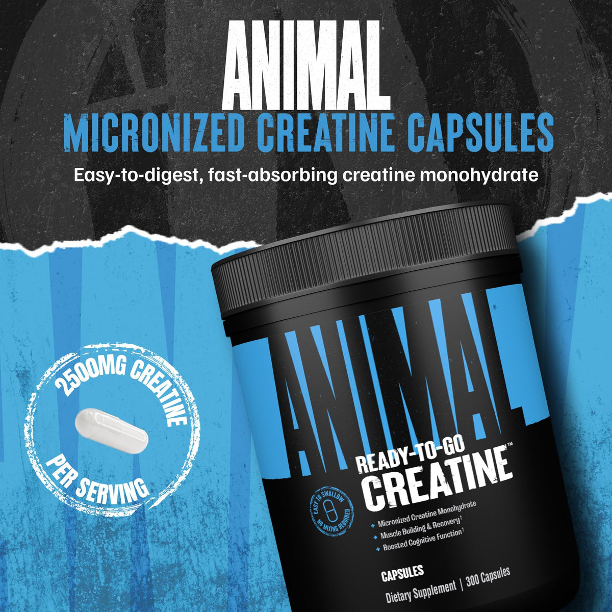 Animal Micronized Creatine Monohydrate Capsules - 300 Caps, 2500mg per Serving to Support Muscle Growth, Endurance, ATP Production, Cognitive Function, Strength - FENGGESTORE20