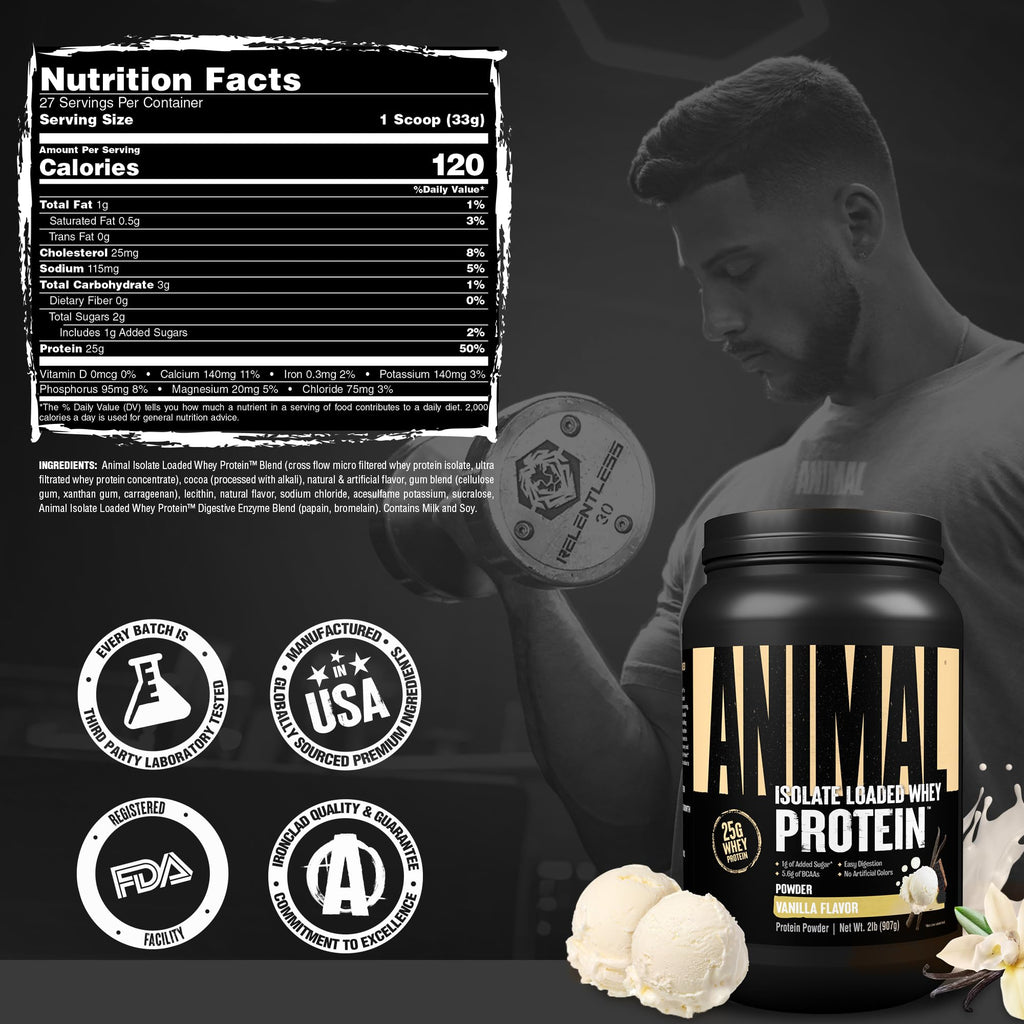 Animal Whey Isolate Protein Powder - Loaded for Pre & Post Workout Muscle Builder and Recovery with Digestive Enzymes for Men & Women - 25g Protein, Great Taste, Low Sugar - Vanilla 2 lbs - FENGGESTORE20