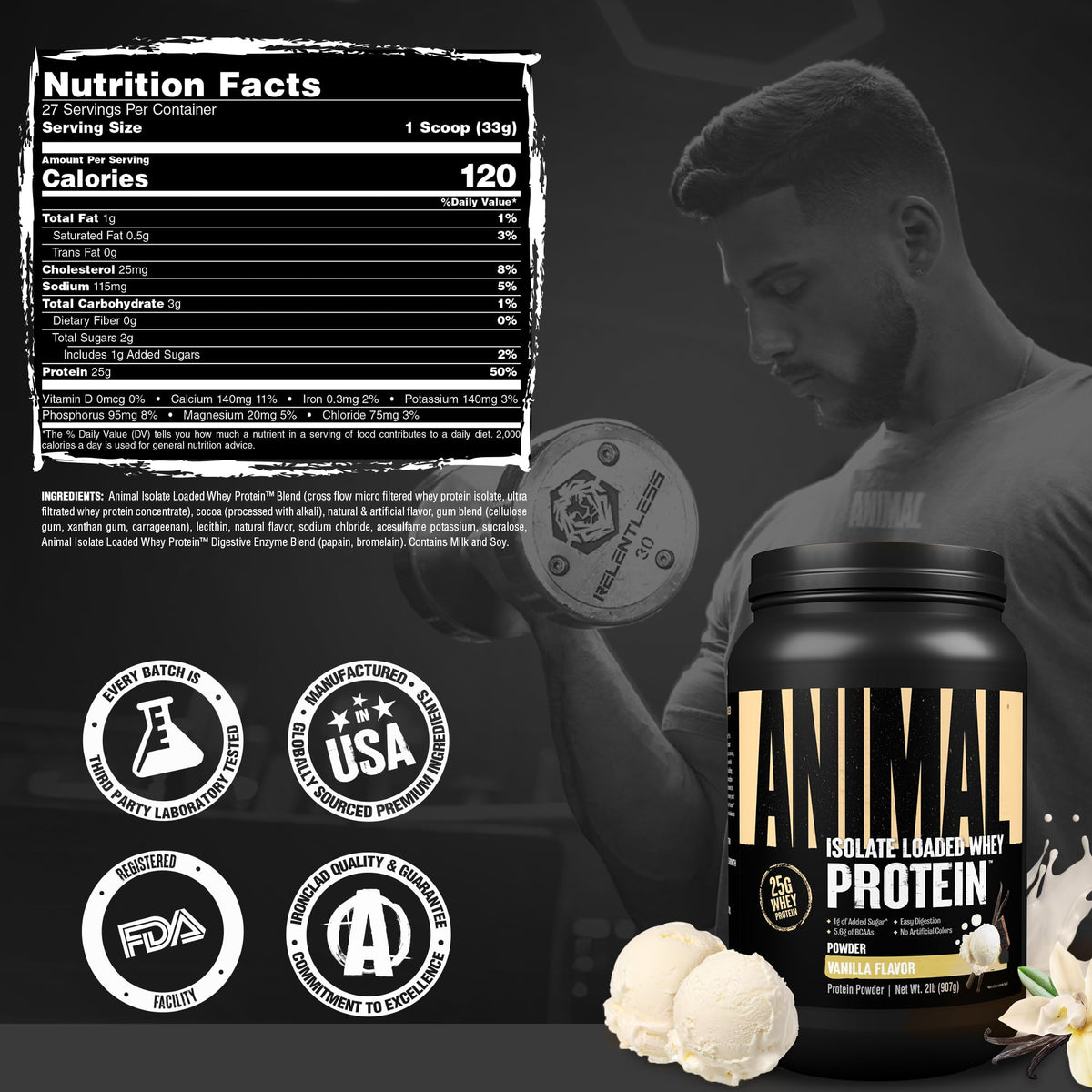 Animal Whey Isolate Protein Powder - Loaded for Pre & Post Workout Muscle Builder and Recovery with Digestive Enzymes for Men & Women - 25g Protein, Great Taste, Low Sugar - Vanilla 2 lbs - FENGGESTORE20