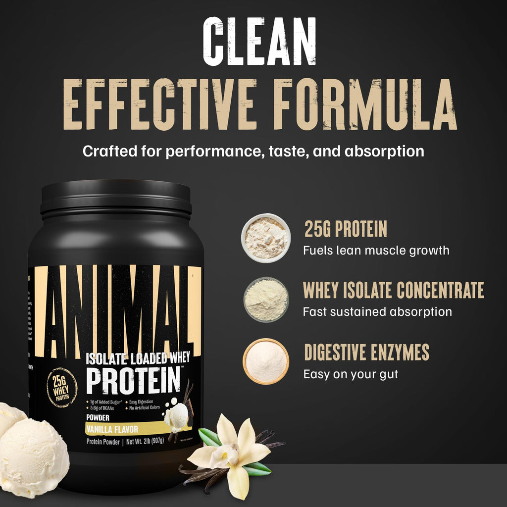 Animal Whey Isolate Protein Powder - Loaded for Pre & Post Workout Muscle Builder and Recovery with Digestive Enzymes for Men & Women - 25g Protein, Great Taste, Low Sugar - Vanilla 2 lbs - FENGGESTORE20