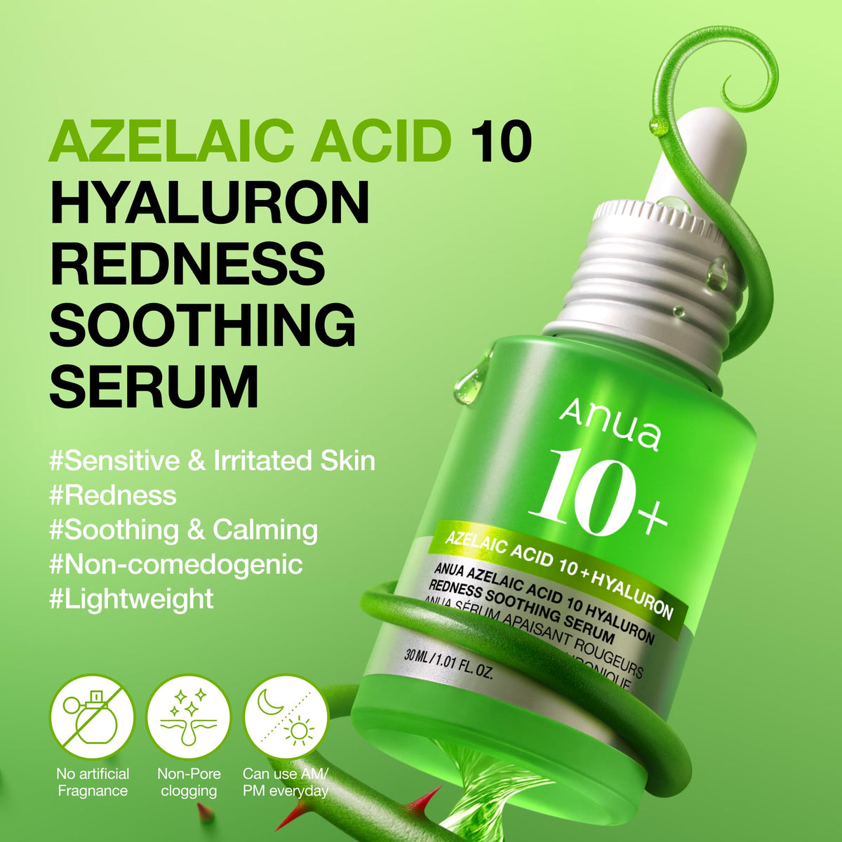 Anua Azelaic Acid 10 Hyaluron Redness Soothing Serum, Facial Serum for Blemish-Prone & Oily-Prone Skin - FENGGESTORE20