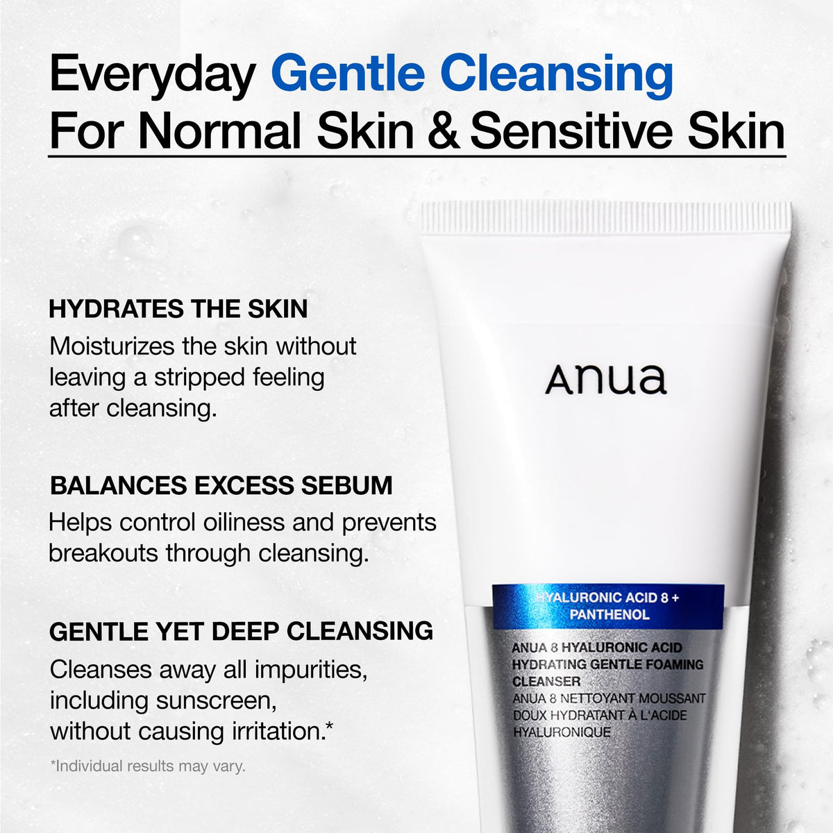 Anua Hydrating Gentle Foaming Cleanser, Hyaluronic Acid, Glycerin, Zinc, Panthenol, Korean Face Wash for Dry Skin - FENGGESTORE20