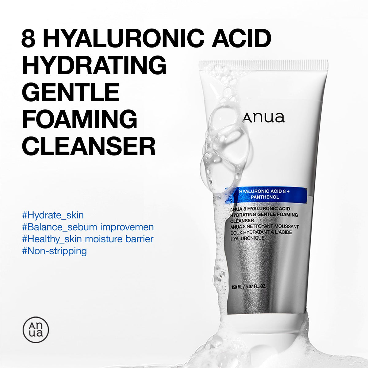 Anua Hydrating Gentle Foaming Cleanser, Hyaluronic Acid, Glycerin, Zinc, Panthenol, Korean Face Wash for Dry Skin - FENGGESTORE20