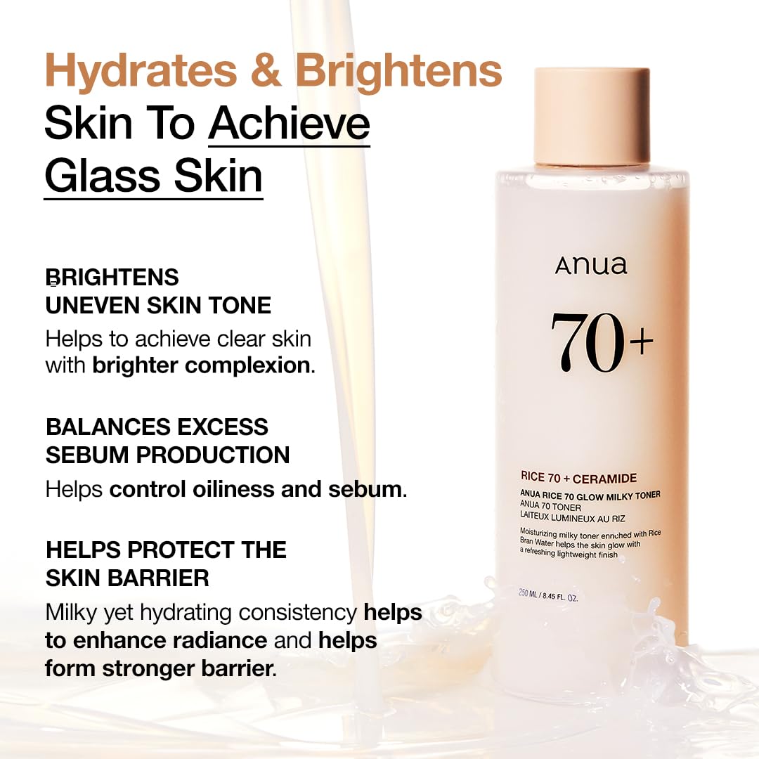 Anua Rice 70 Glow Milky Toner, Glass & Dewy Skin, Hydrating & Barrier Care, Rice Water - FENGGESTORE20