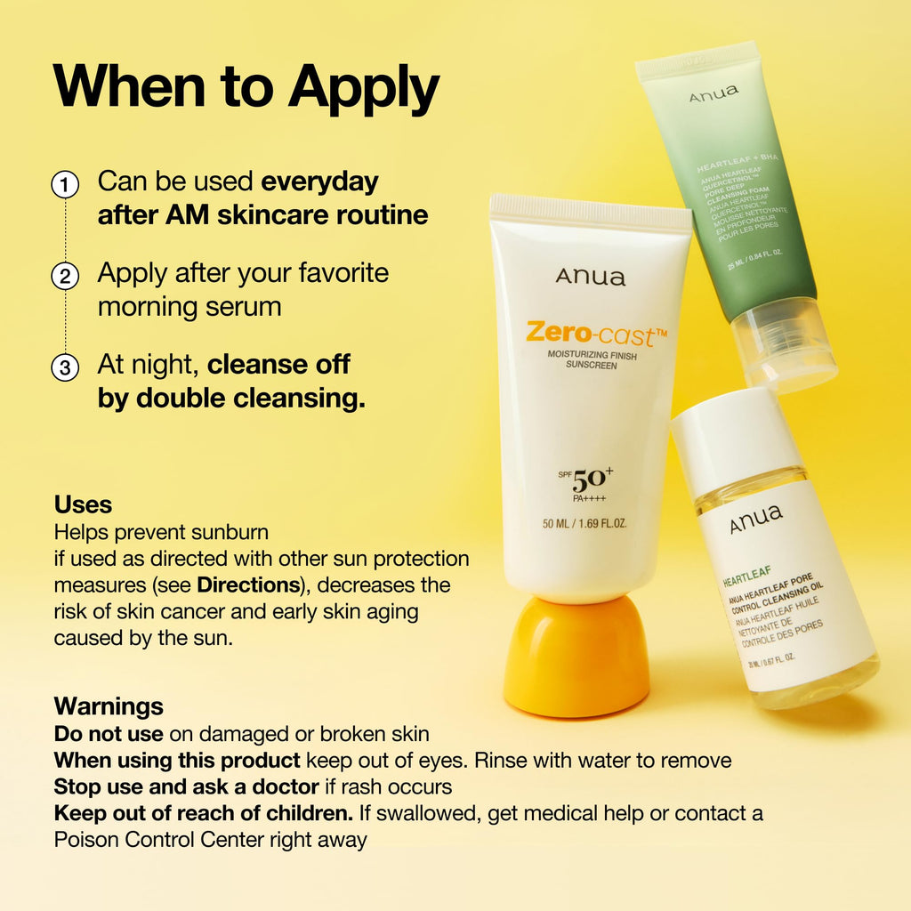 Anua, Zero-Cast Moisturizing Sunscreen SPF 50, Glow Natural Sunscreen for face, No White - FENGGESTORE20
