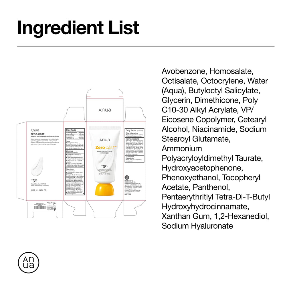 Anua, Zero-Cast Moisturizing Sunscreen SPF 50, Glow Natural Sunscreen for face, No White - FENGGESTORE20