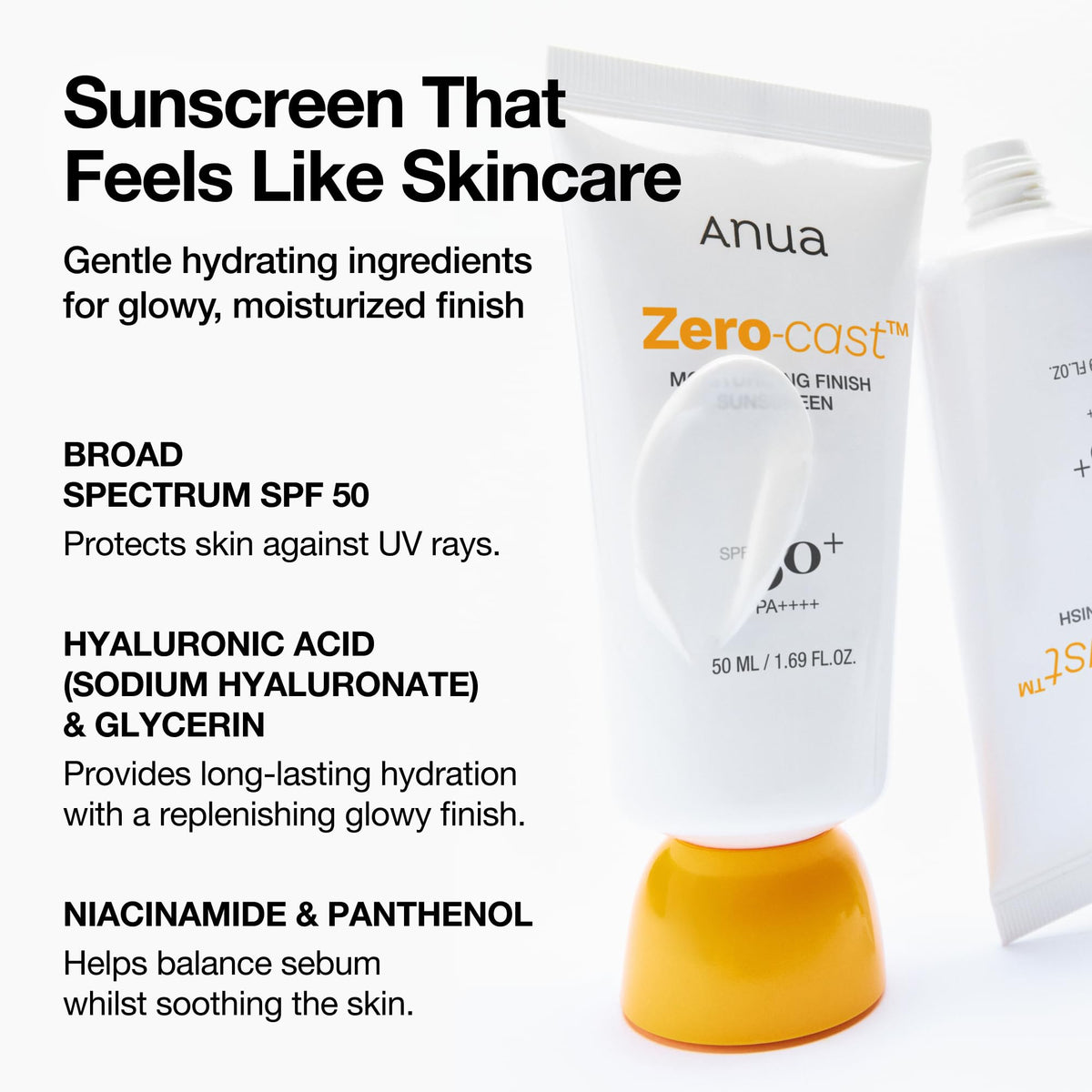 Anua, Zero-Cast Moisturizing Sunscreen SPF 50, Glow Natural Sunscreen for face, No White - FENGGESTORE20