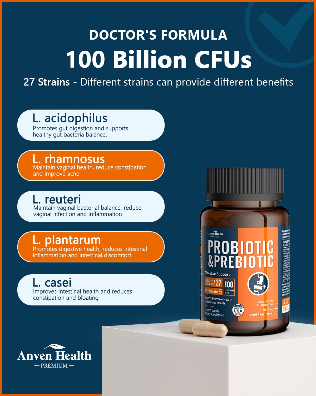 Anven Health 100 Billion Probiotics for Men and Women 27 Strains 5 Organic Prebiotics for Gut Digestive & Immune Health, Supports Diarrhea Gas Bloating - FENGGESTORE20