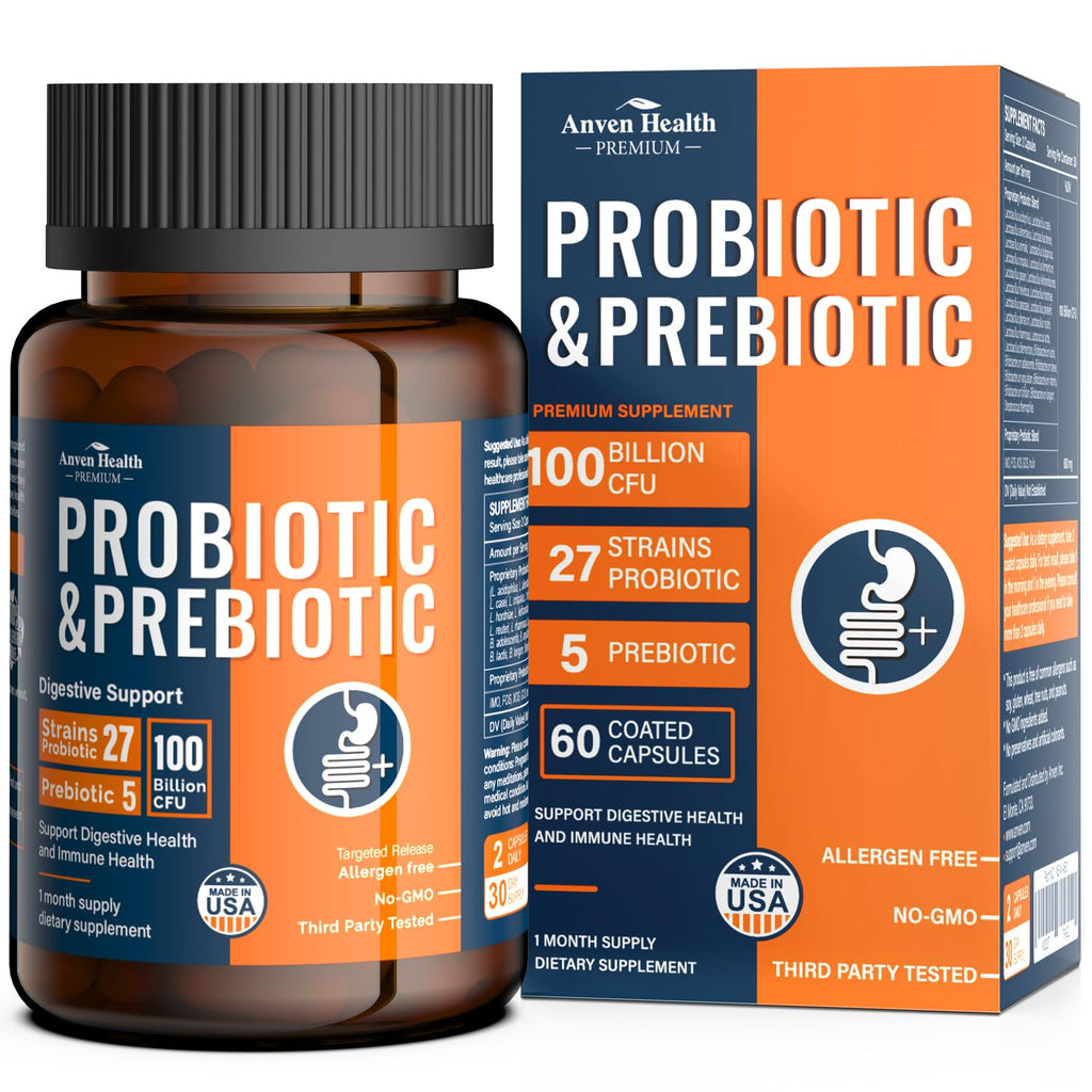 Anven Health 100 Billion Probiotics for Men and Women 27 Strains 5 Organic Prebiotics for Gut Digestive & Immune Health, Supports Diarrhea Gas Bloating, - FENGGESTORE20