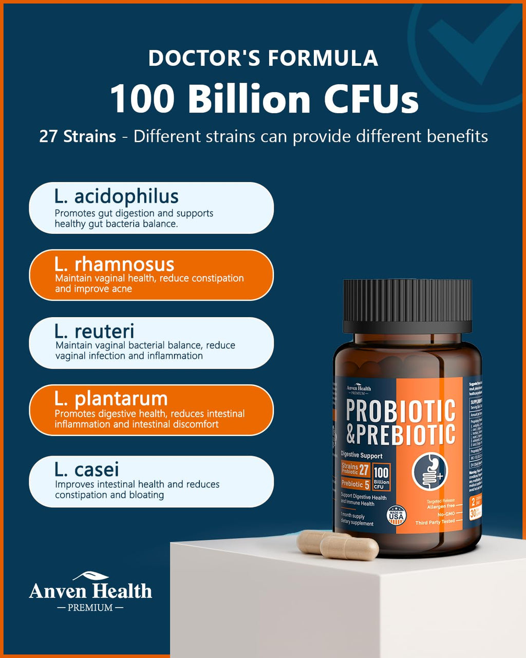 Anven Health 100 Billion Probiotics for Men and Women 27 Strains 5 Organic Prebiotics for Gut Digestive & Immune Health, Supports Diarrhea Gas Bloating, - FENGGESTORE20