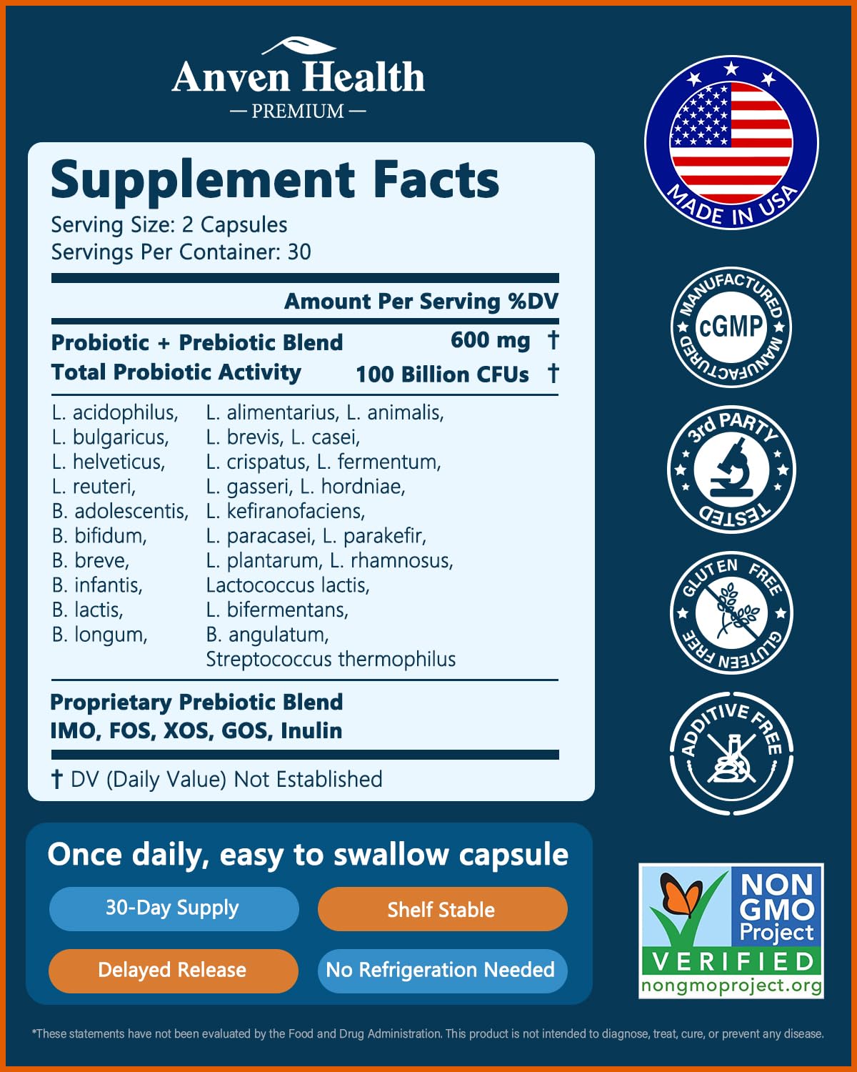 Anven Health 100 Billion Probiotics for Men and Women 27 Strains 5 Organic Prebiotics for Gut Digestive & Immune Health, Supports Diarrhea Gas Bloating, - FENGGESTORE20