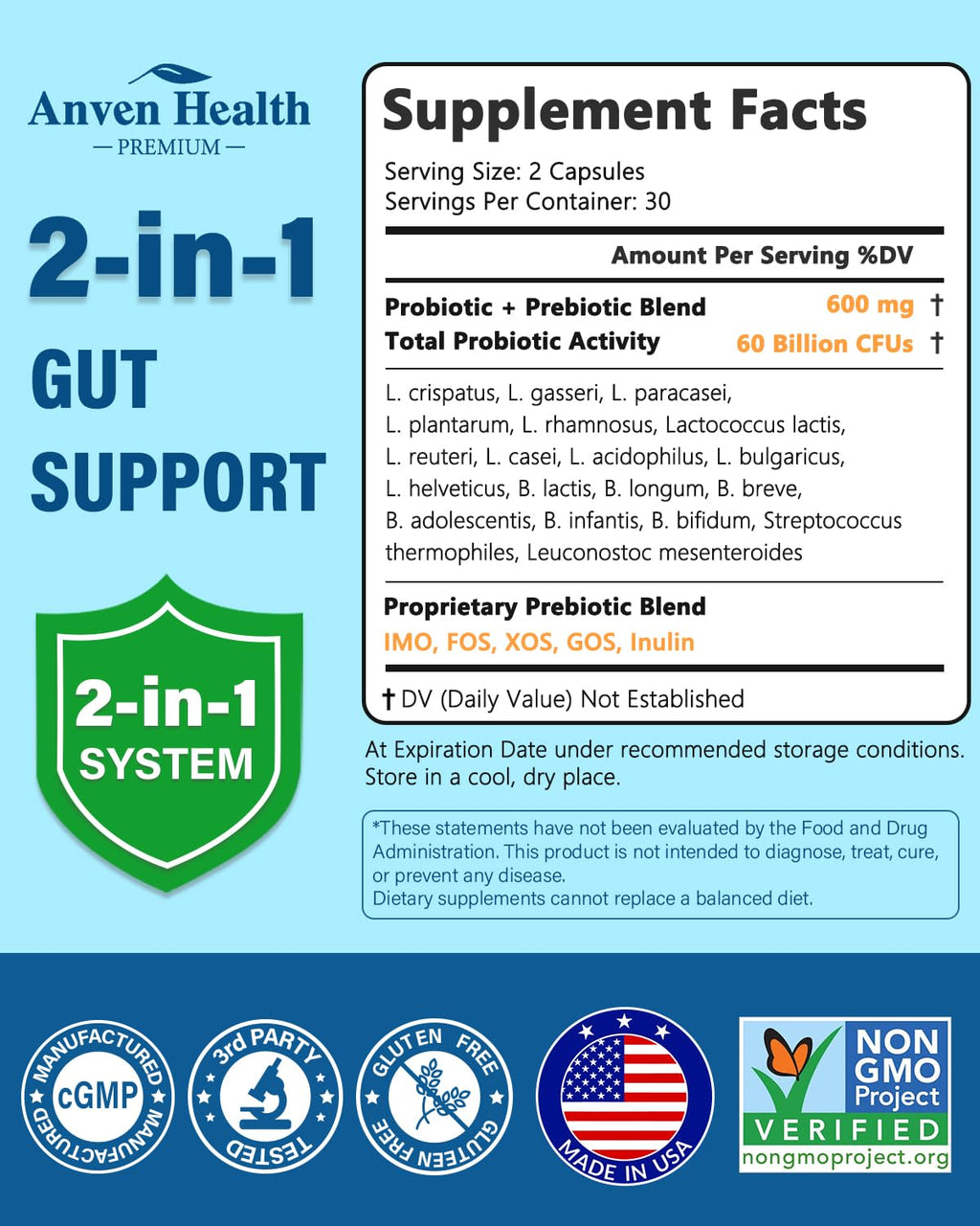 Anven Health 60 Billion Probiotic and Prebiotic for Women and Men - 19 Strains 5 Organic Prebiotics for Gut Digestive & Immune Health, Supports Diarrhea Gas Bloating, Non-GMO – Made in USA丨60 Caps - FENGGESTORE20