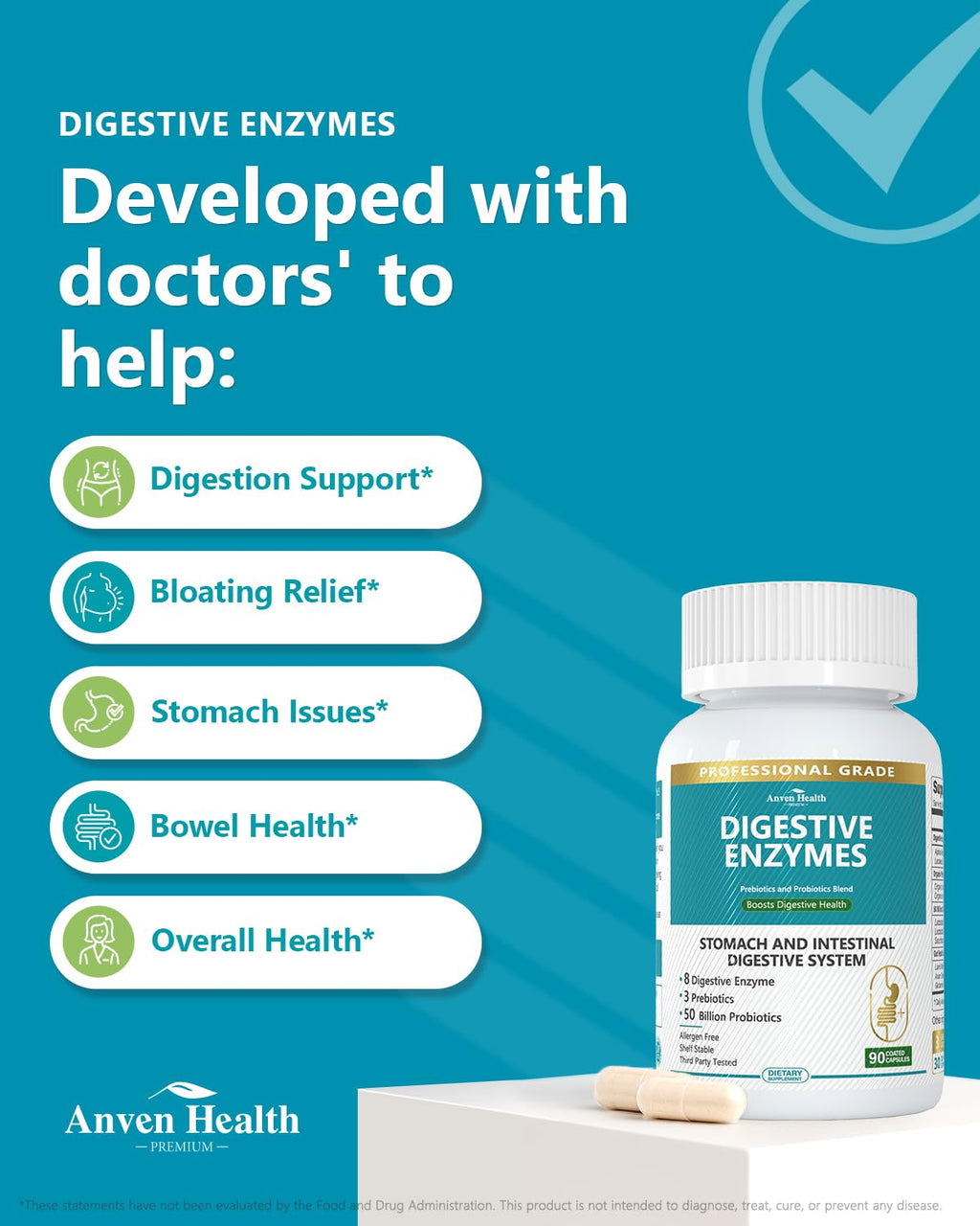 Anven Health 800mg Digestive Enzymes for Men and Women with Probiotics & Prebiotics, 8 Key Enzymes, Protease, Amylase & Lipase | 270 Capsules - A 90-Day Supply - FENGGESTORE20