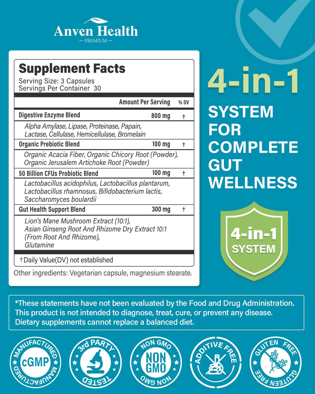 Anven Health 800mg Digestive Enzymes for Men and Women with Probiotics & Prebiotics, 8 Key Enzymes, Protease, Amylase & Lipase | 270 Capsules - A 90-Day Supply - FENGGESTORE20