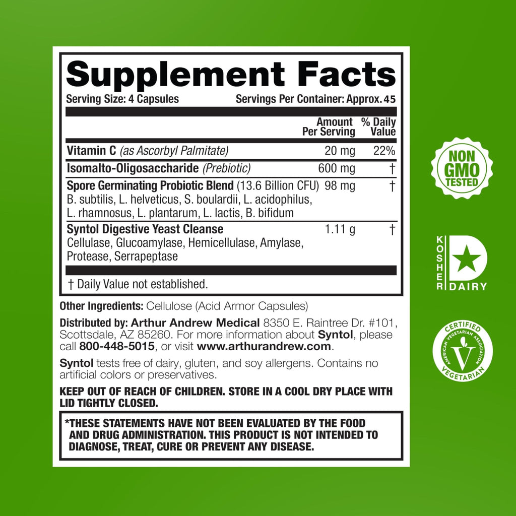 Arthur Andrew Medical, Syntol, 3-in-1 Formula with Probiotics, Prebiotic Fiber & Yeast Cleansing Multi-Enzymes, 180 - FENGGESTORE20