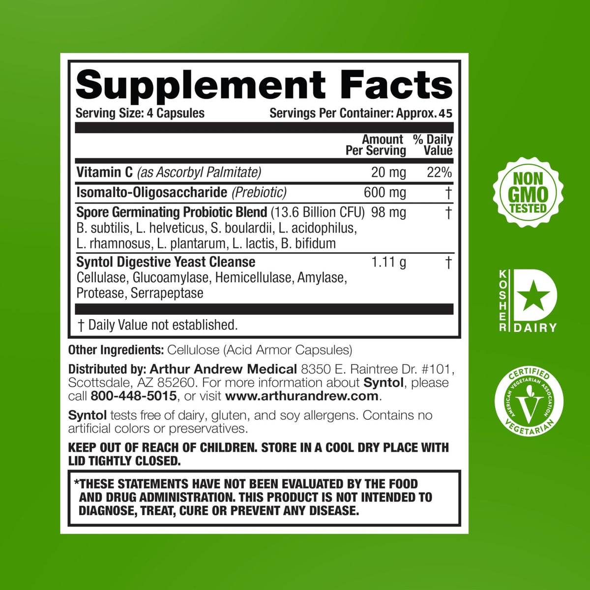 Arthur Andrew Medical, Syntol, 3-in-1 Formula with Probiotics, Prebiotic Fiber & Yeast Cleansing Multi-Enzymes, 180 - FENGGESTORE20