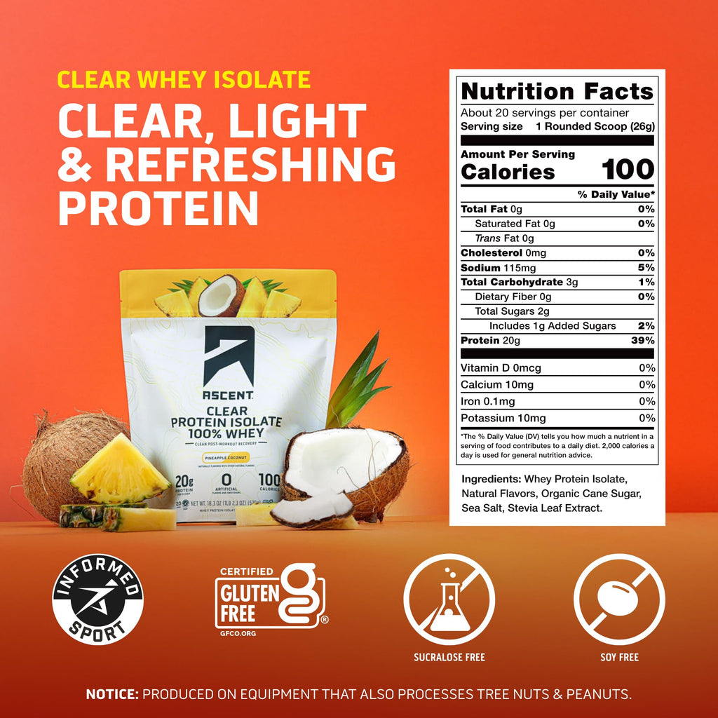 Ascent 100% Clear Whey Protein Powder - Post Workout Whey Protein Isolate, Zero Artificial Flavors & Sweeteners, Gluten Free, 5.5g BCAA, 2.1g Leucine, Essential Amino Acids, Pineapple Coconut, 20 Serv - FENGGESTORE20