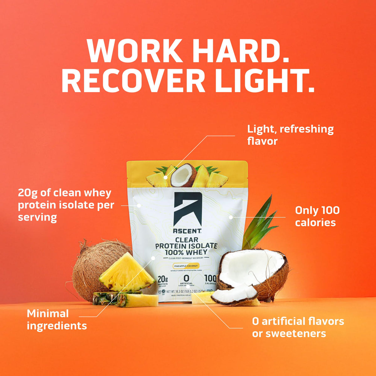 Ascent 100% Clear Whey Protein Powder - Post Workout Whey Protein Isolate, Zero Artificial Flavors & Sweeteners, Gluten Free, 5.5g BCAA, 2.1g Leucine, Essential Amino Acids, Pineapple Coconut, 20 Serv - FENGGESTORE20