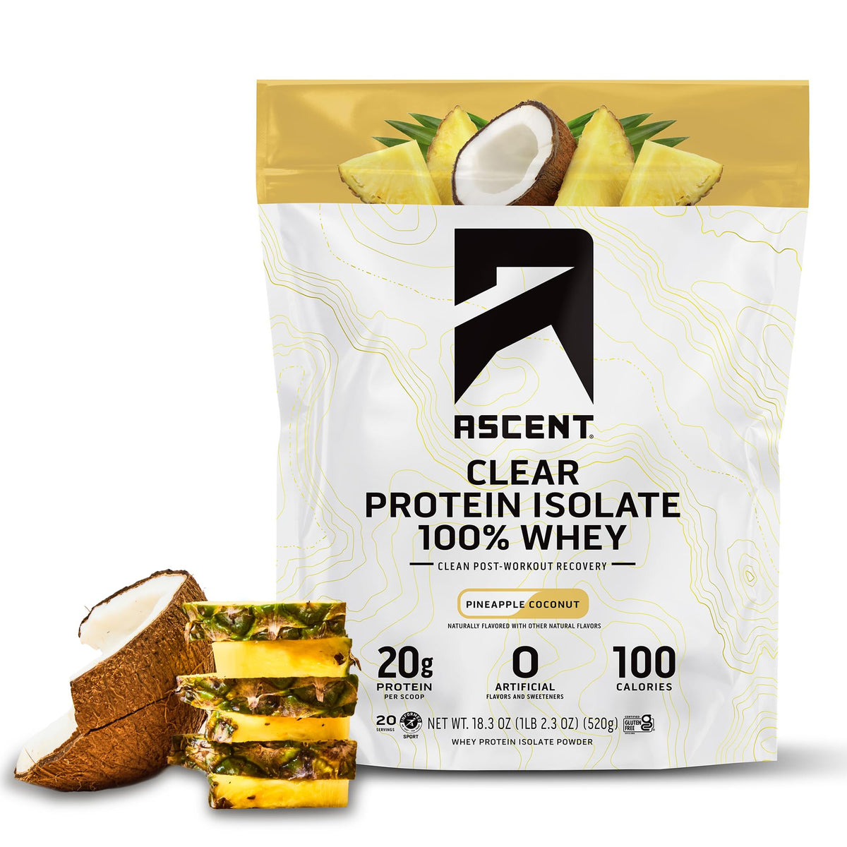 Ascent 100% Clear Whey Protein Powder - Post Workout Whey Protein Isolate, Zero Artificial Flavors & Sweeteners, Gluten Free, 5.5g BCAA, 2.1g Leucine, Essential Amino Acids, Pineapple Coconut, 20 Serv - FENGGESTORE20