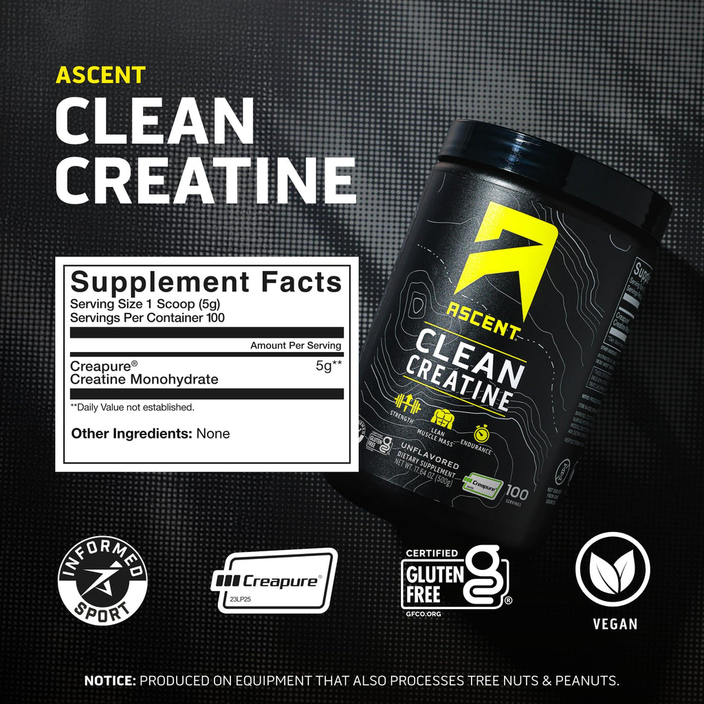 Ascent Clean Creatine Monohydrate Powder - 5G Per Serving, Creapure Creatine Supplement - Unflavored, 100 Servings - FENGGESTORE20