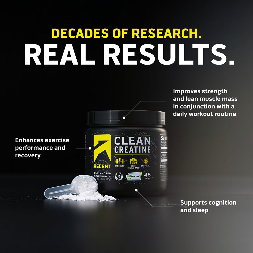 Ascent Clean Creatine Monohydrate Powder - 5G Per Serving, Creapure Supplement - Unflavored, 45 Servings - FENGGESTORE20