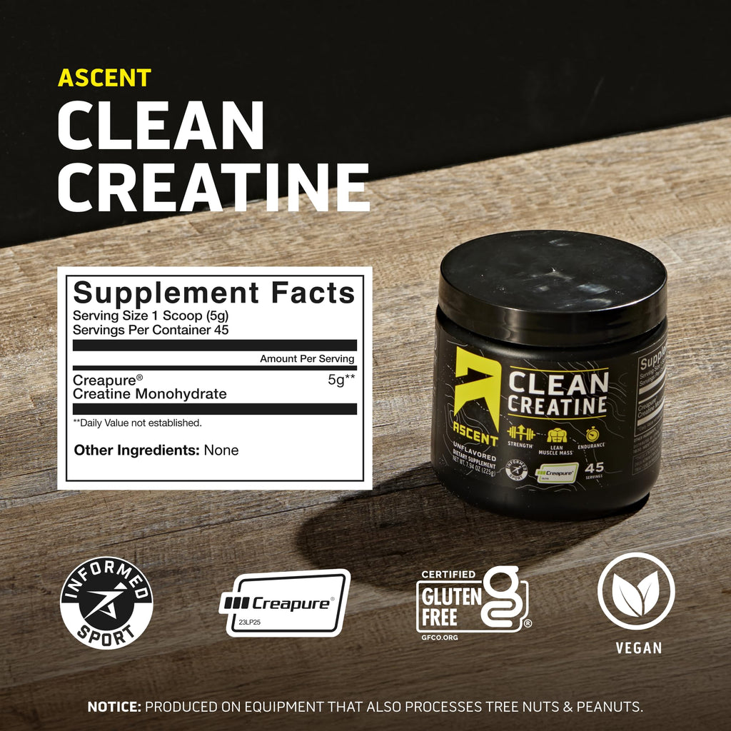 Ascent Clean Creatine Monohydrate Powder - 5G Per Serving, Creapure Supplement - Unflavored, 45 Servings - FENGGESTORE20