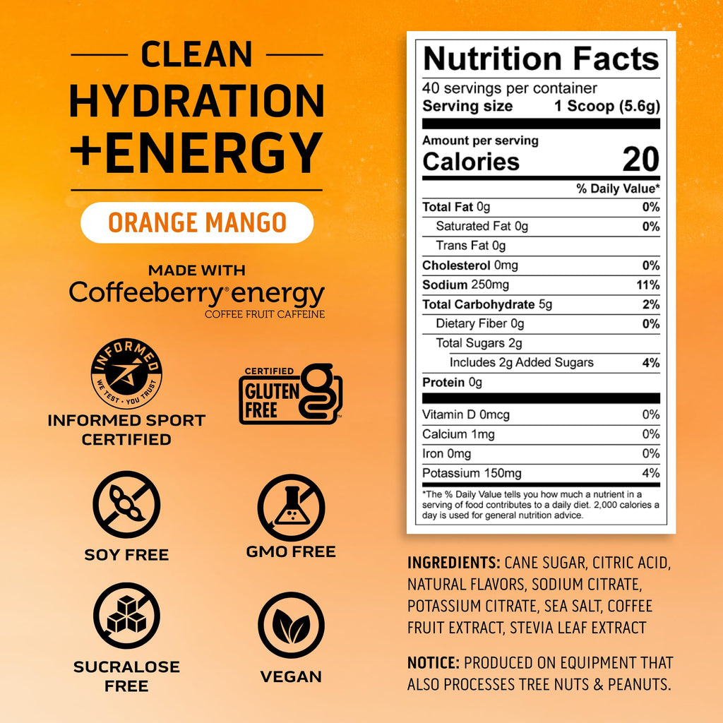 Ascent Clean Hydration + Energy Electrolytes Powder - 100mg Caffeine, 400mg Electrolytes, No Artificial Ingredients, Orange Mango 40 Servings - FENGGESTORE20