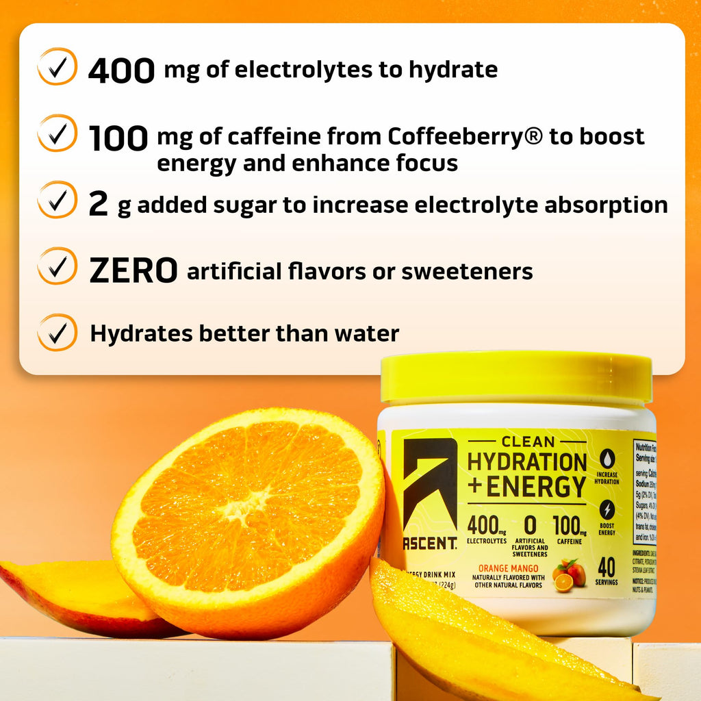 Ascent Clean Hydration + Energy Electrolytes Powder - 100mg Caffeine, 400mg Electrolytes, No Artificial Ingredients, Orange Mango 40 Servings - FENGGESTORE20