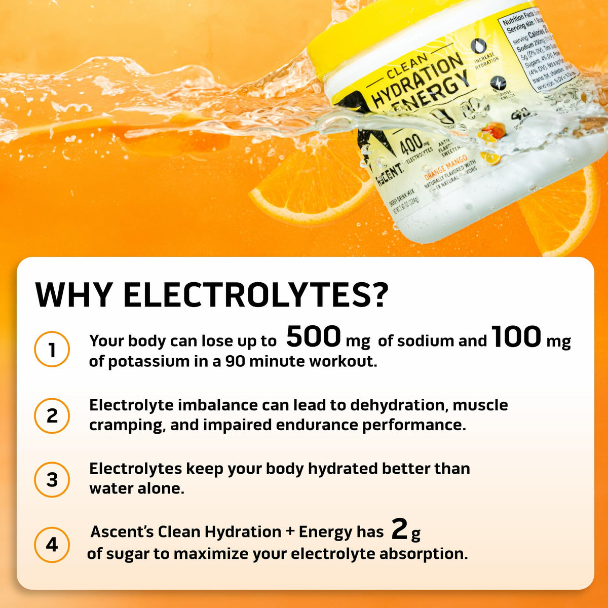 Ascent Clean Hydration + Energy Electrolytes Powder - 100mg Caffeine, 400mg Electrolytes, No Artificial Ingredients, Orange Mango 40 Servings - FENGGESTORE20