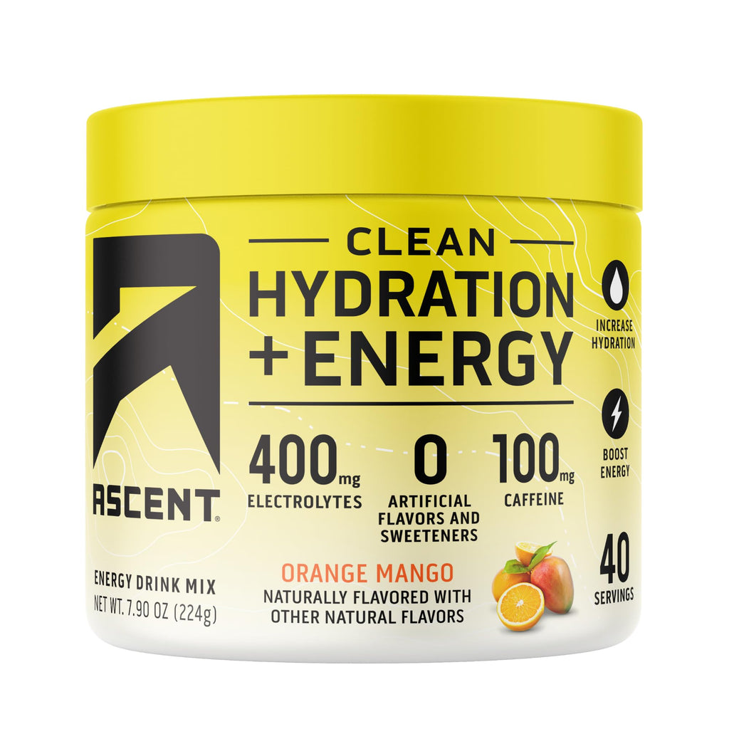 Ascent Clean Hydration + Energy Electrolytes Powder - 100mg Caffeine, 400mg Electrolytes, No Artificial Ingredients, Orange Mango 40 Servings - FENGGESTORE20