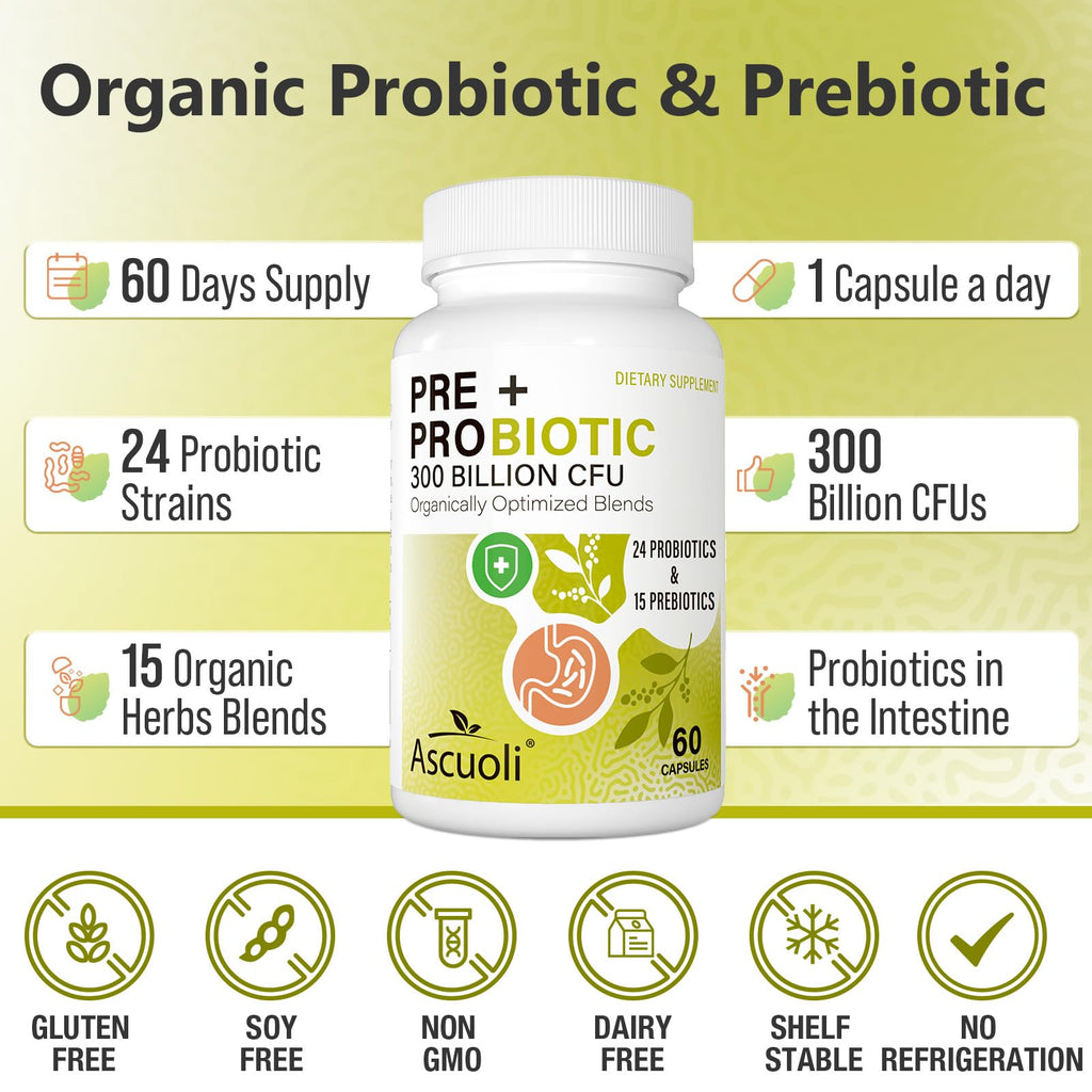 Ascuoli Probiotics for Women & Men - 300 Billion CFU, 24 Strains Probiotics + 15 Organic Herbs Blend, Daily Probiotic for Digestive Health, - FENGGESTORE20