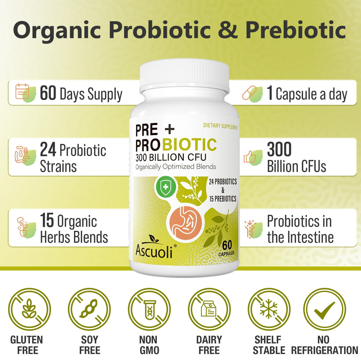 Ascuoli Probiotics for Women & Men - 300 Billion CFU, 24 Strains Probiotics + 15 Organic Herbs Blend, Daily Probiotic for Digestive Health, - FENGGESTORE20