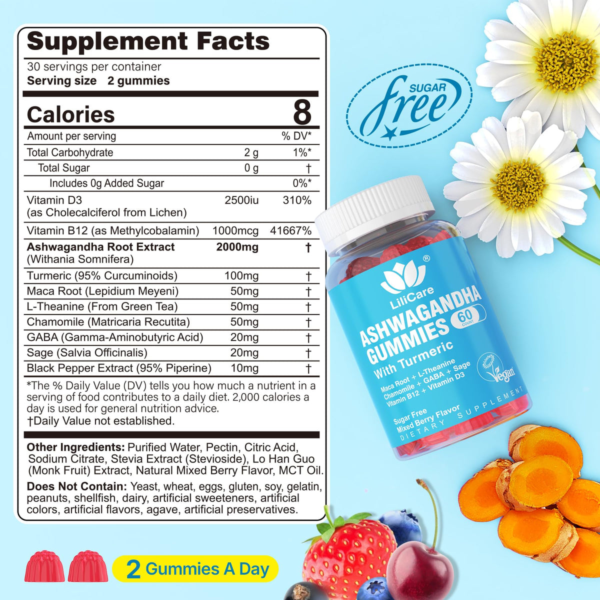 Ashwagandha Gummies 2000mg for Women Men - Sugar Free, Vegan - Organic Ashwagandha Root Extract Supplements Gummy & Vitamin D3 - FENGGESTORE20
