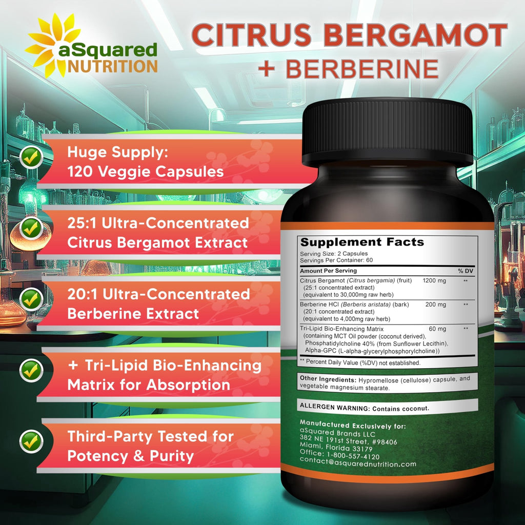aSquared Nutrition Citrus Bergamot with Berberine Supplement - 1400mg Per Serving Max Strength Complex - 120 Capsules - Supports Cardiovascular Health - FENGGESTORE20