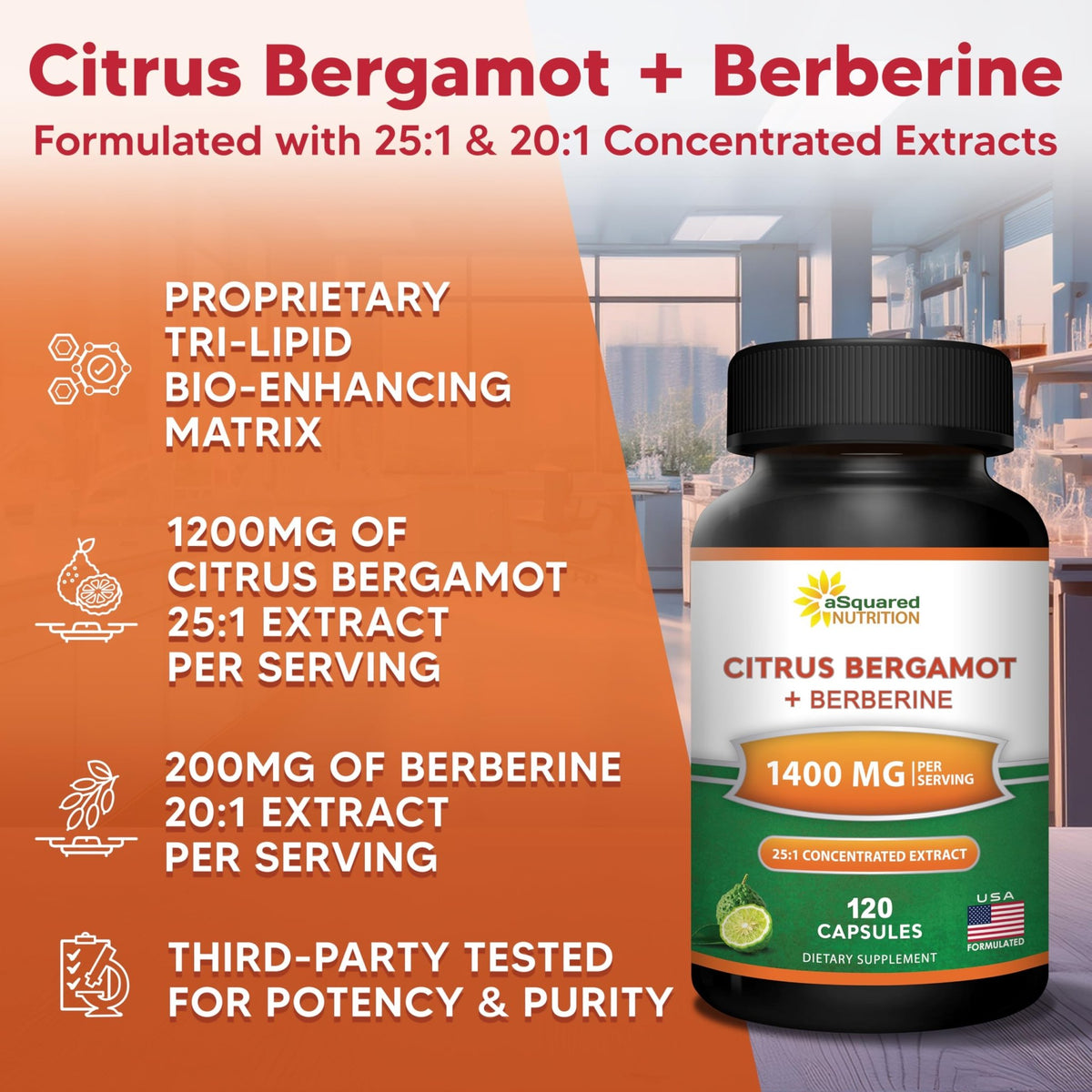 aSquared Nutrition Citrus Bergamot with Berberine Supplement - 1400mg Per Serving Max Strength Complex - 120 Capsules - Supports Cardiovascular Health - FENGGESTORE20