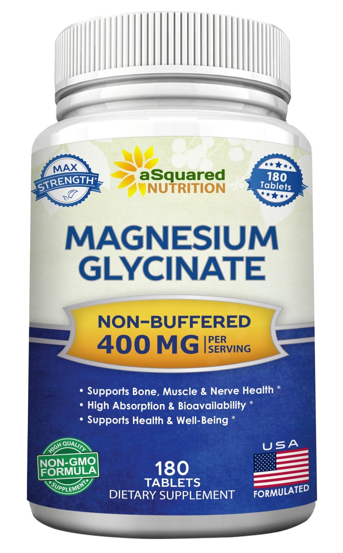 aSquared Nutrition Magnesium Glycinate 400mg - 180 Tablets - Max Strength Magnesium Bisglycinate Supplement -Maximum Bioavailability & Absorption-Non-GMO - FENGGESTORE20