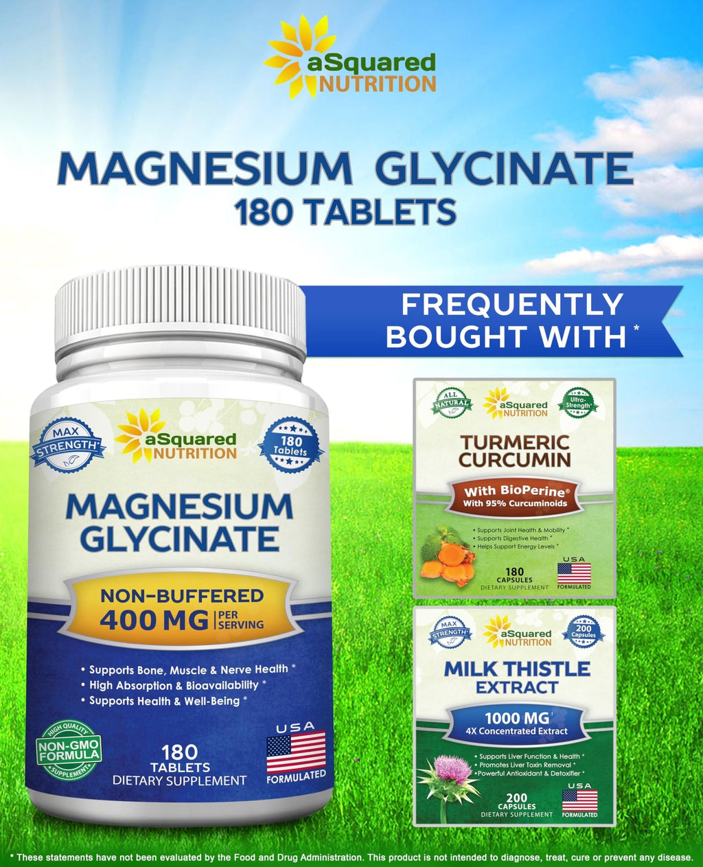 aSquared Nutrition Magnesium Glycinate 400mg - 180 Tablets - Max Strength Magnesium Bisglycinate Supplement -Maximum Bioavailability & Absorption-Non-GMO - FENGGESTORE20