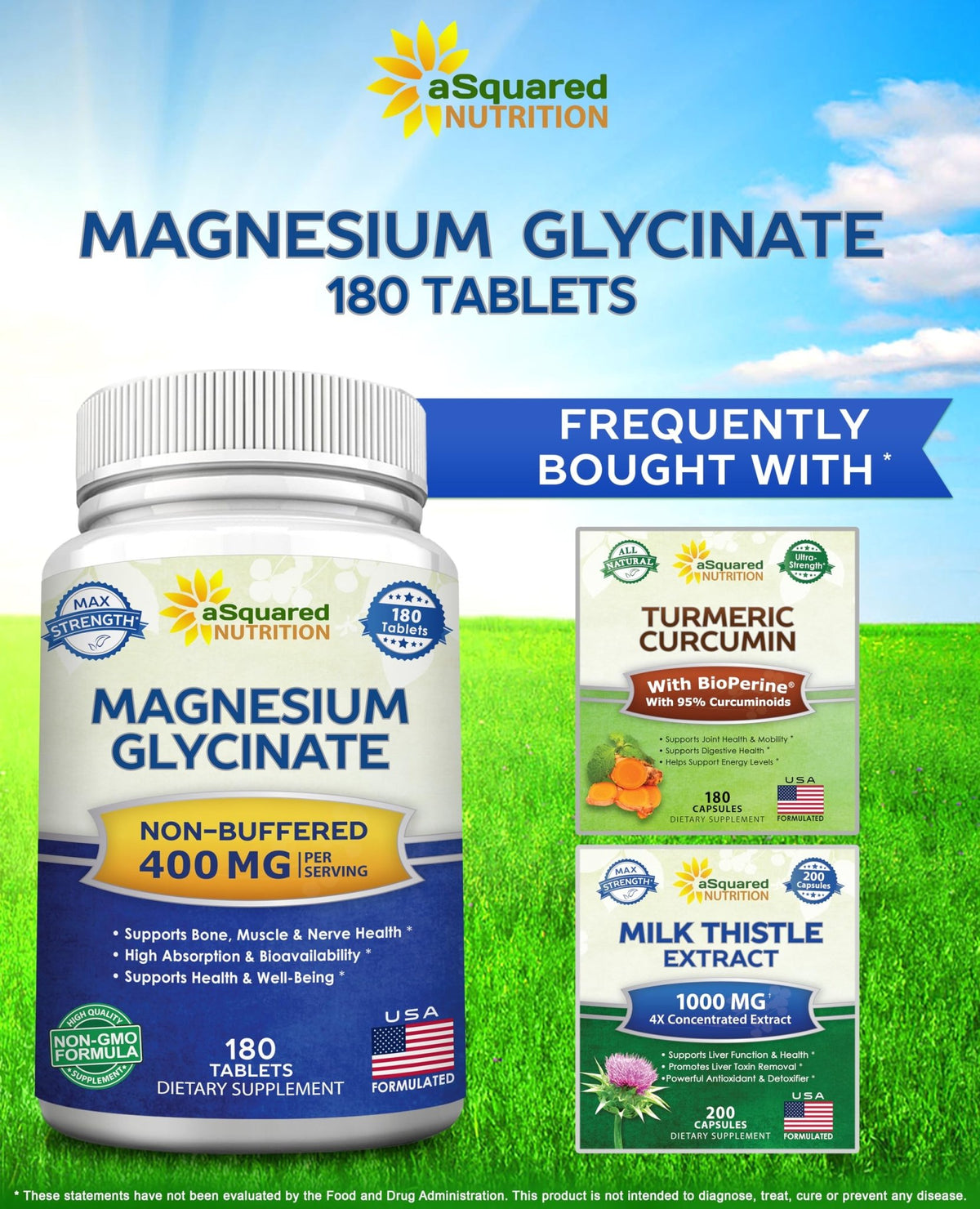 aSquared Nutrition Magnesium Glycinate 400mg - 180 Tablets - Max Strength Magnesium Bisglycinate Supplement -Maximum Bioavailability & Absorption-Non-GMO - FENGGESTORE20