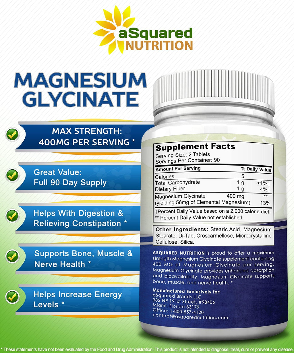 aSquared Nutrition Magnesium Glycinate 400mg - 180 Tablets - Max Strength Magnesium Bisglycinate Supplement -Maximum Bioavailability & Absorption-Non-GMO - FENGGESTORE20